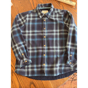 Orvis vintage Fleece Lined Snap Front Blue PLaid Flannel Shirt w/ pockets XL